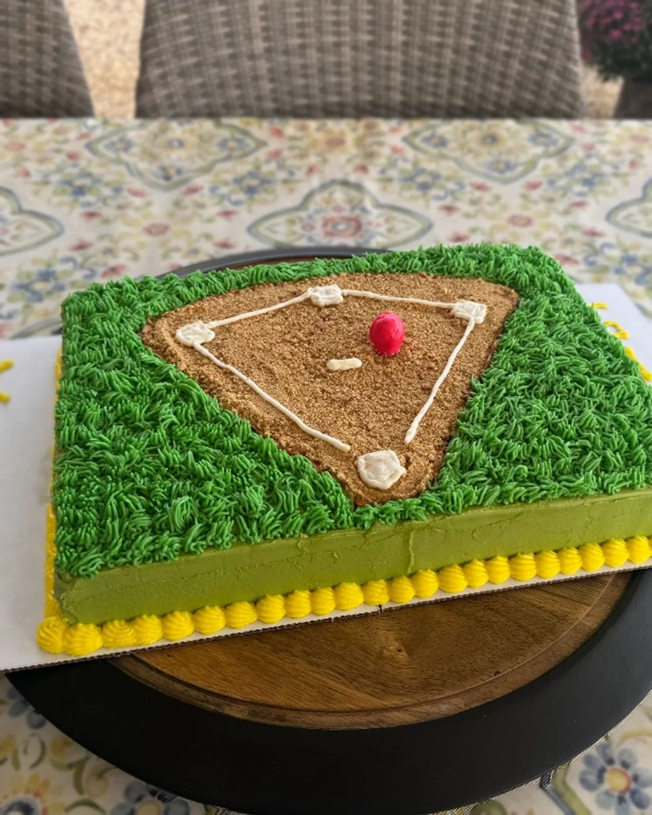 Kickball field sheet cake with bases and pink ball