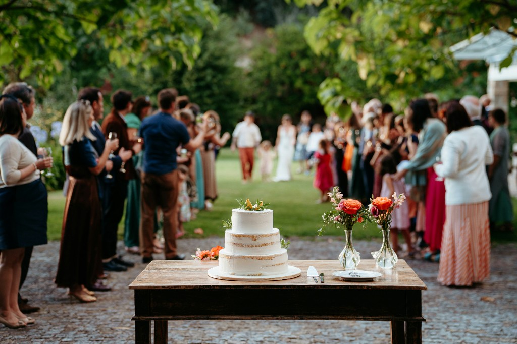 Wedding cake at an outdoor celebration